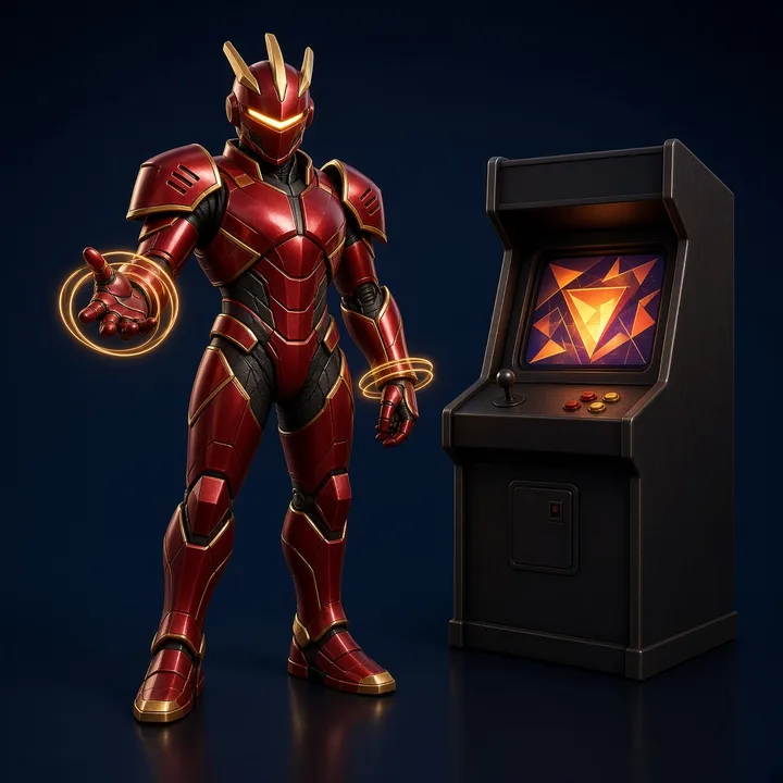 BIG777 Arcade maskot Sevan di samping kabinet arcade